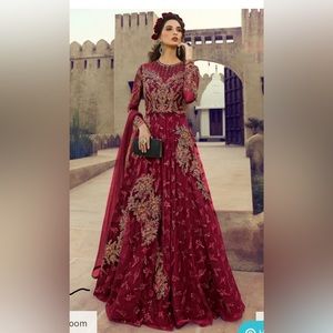 Embroidered Net Abaya Style Suit in Maroon